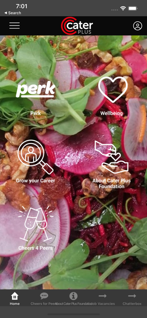 Cater Plus - Cater Plus 모바일 앱 대시보드, 직원 혜택, 웰빙 및 경력 성장을 위한 섹션 포함