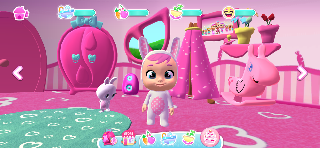 Cry Babies Magic Tears - Personaje de Cry Babies en una sala de juegos rosa con un conejito mascota y juguetes