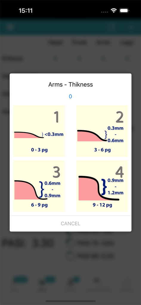 PsoriasisCalc - Interfaz que muestra los niveles de selección visual para el grosor de la piel en los brazos dentro de la aplicación PsoriasisCalc