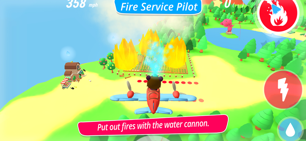 McPanda: Super Pilot Kids Game - McPanda firefighting mission gameplay showing a red plane extinguishing fires