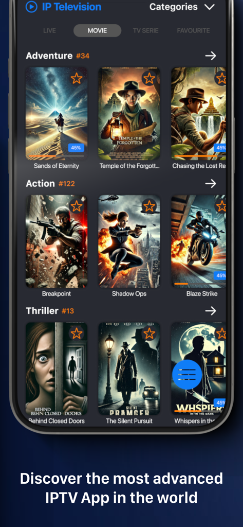 Pantalla de smartphone mostrando la biblioteca de películas de la aplicación IP Television con géneros categorizados como Aventura y Acción y pósteres de películas de alta calidad.