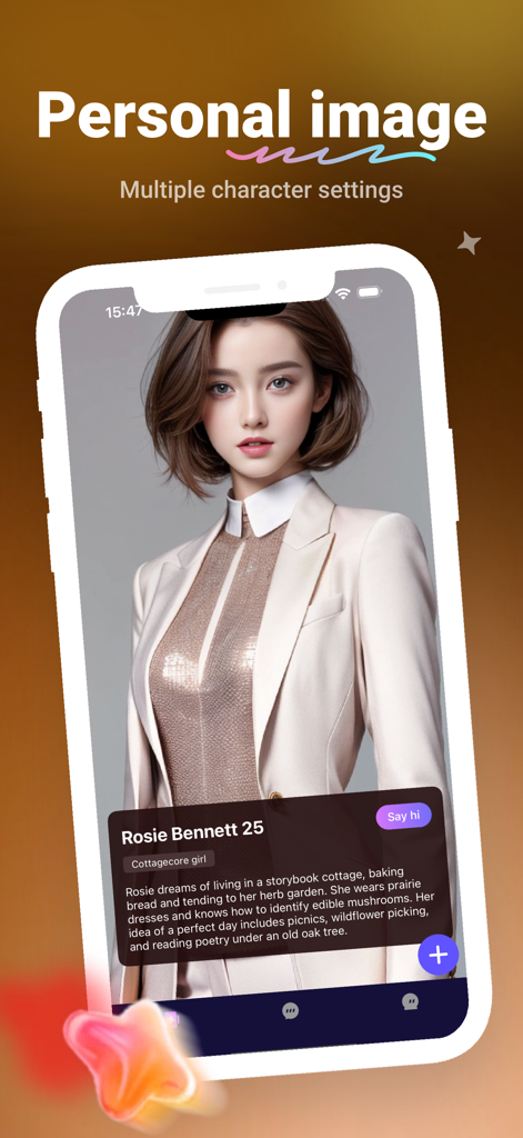 Profile page of an AI character named Rosie Bennett in the Cola companion app