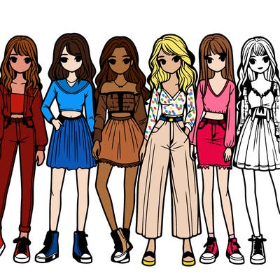 a group of realistic girls standing together in a line