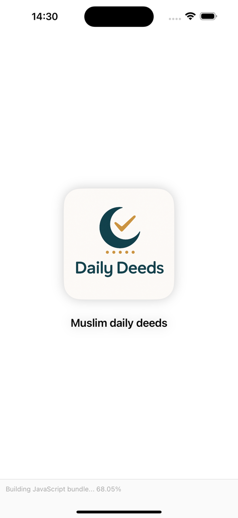 Splash screen of Daily Deeds Muslim Tracker app featuring a minimalist crescent moon and checkmark logo.