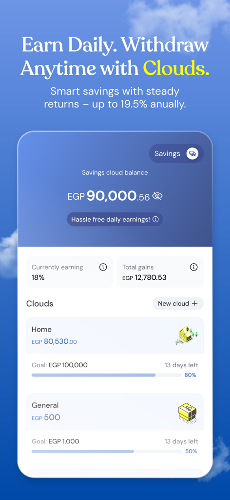 Captura de pantalla de la aplicación Thndr que muestra objetivos de ahorro y saldo en libras egipcias
