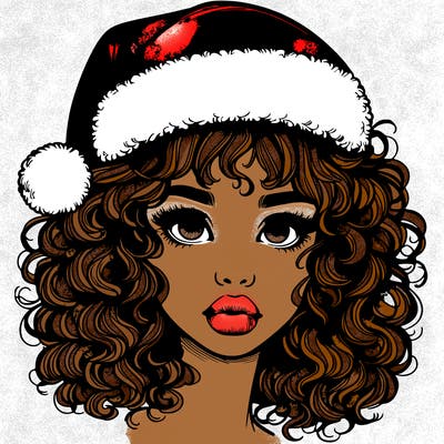 realistic girl with a santa hat curly hair and lips