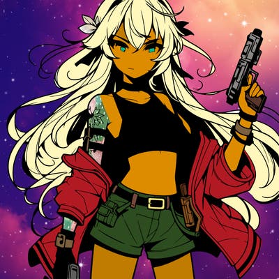 bad girl wearing crop top holding a gun long hair anime