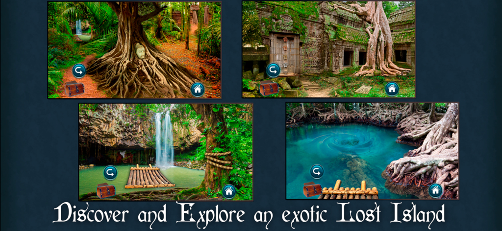 Gameplay screenshots of The Lost Fountain showing exotic jungle landscapes and ancient ruins.