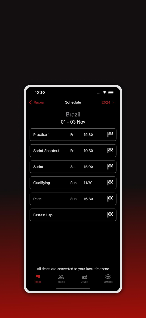 Formula Calendar 2026 - Screenshot of the Formula Calendar 2026 app showing the F1 Brazil Grand Prix weekend schedule with sessions converted to local time