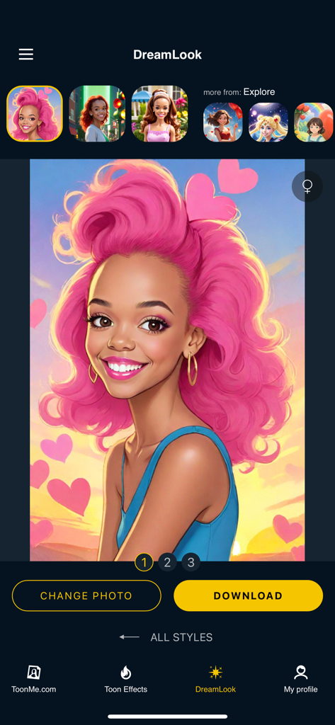 Retrato vibrante de dibujos animados con IA de una mujer sonriente con cabello rosa voluminoso y fondo de corazones en la interfaz de la aplicación ToonMe