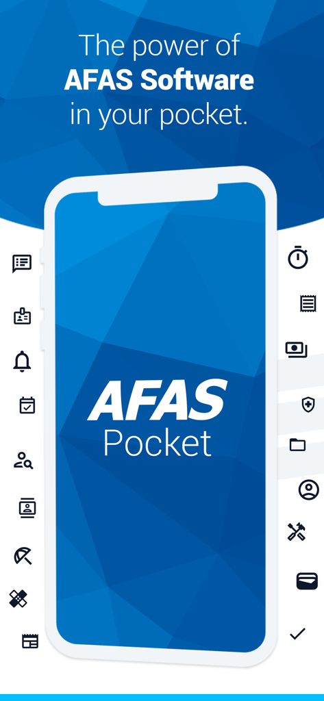AFAS Pocket - AFAS Pocket mobile app splash screen featuring the slogan The power of AFAS Software in your pocket with business icons.