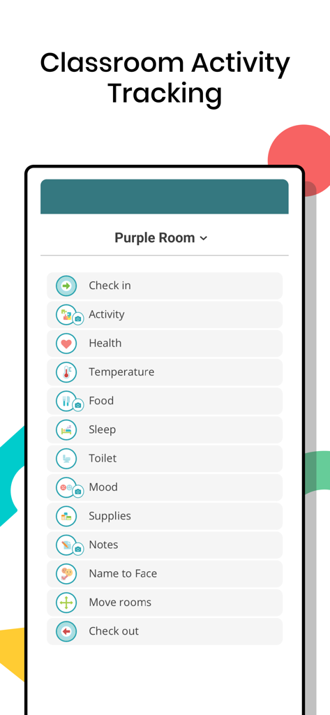 Lillio - Interface of the Lillio app showing classroom activity tracking options for childcare educators.