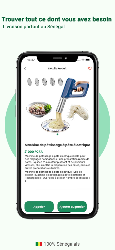 Soumari - Product page of the Soumari app displaying an electric pasta maker for delivery in Senegal