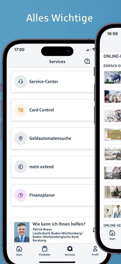 Tela de serviços do aplicativo BW-Bank mostrando opções para controle de cartão, busca de ATM e planejador financeiro.