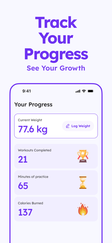 Una pantalla de seguimiento de progreso de la aplicación Yoga en Silla para Mayores que muestra peso, entrenamientos completados, minutos de práctica y calorías quemadas