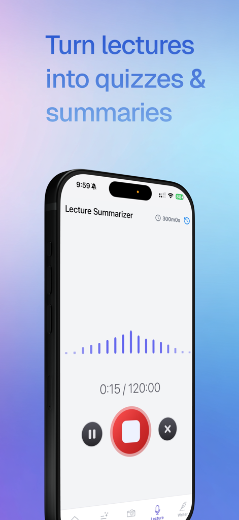 Stealth AI - Study Companion - Stealth AIモバイルアプリのインターフェースに、アクティブなオーディオ録画画面が表示された講義要約機能が表示されています