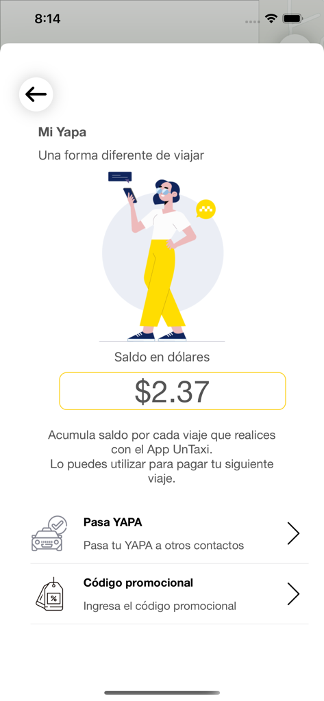 Un Taxi - Un Taxi App-Bildschirm, der den Mi Yapa Prämiensaldo und Optionen für das Treueprogramm anzeigt.