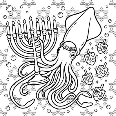 Discover a truly unique Hanukkah celebration with this delightful coloring page featuring a whimsical Bigfin Squid. Adorned with traditional symbols like menorahs and dreidels, this template promises creative fun for the holiday season.