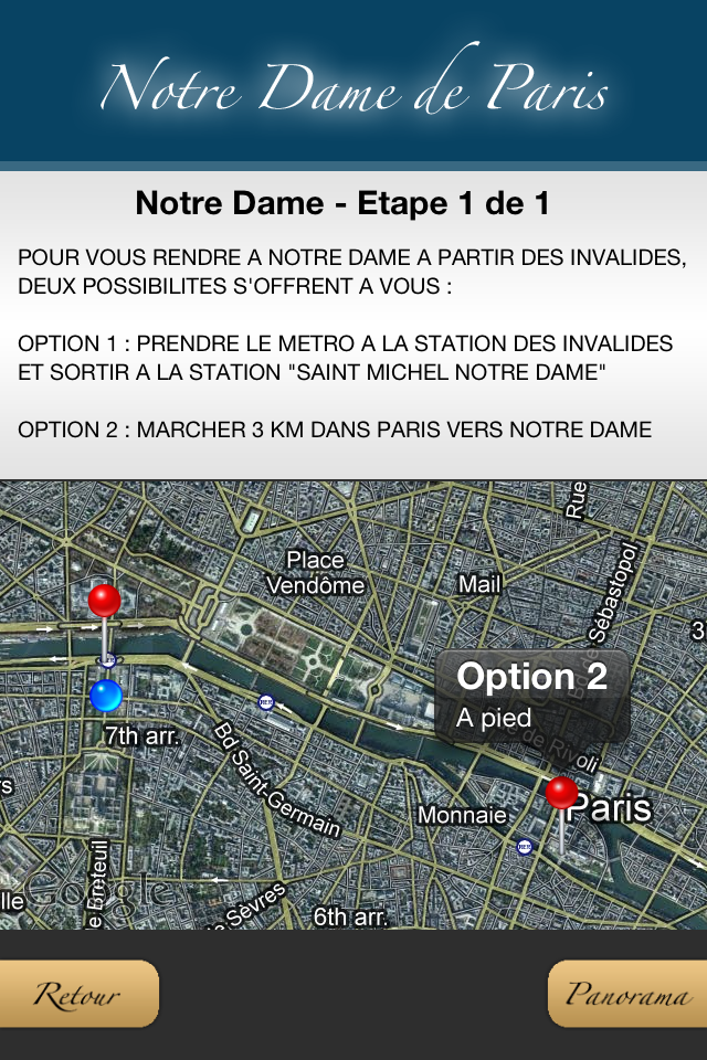 Paris en 3 jours - Tela de navegação mostrando opções de rota para Notre Dame de Paris
