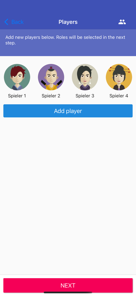 Wolvesville Classicのプレイヤー設定画面。キャラクターのアバターとプレイヤー追加ボタンが表示されています。