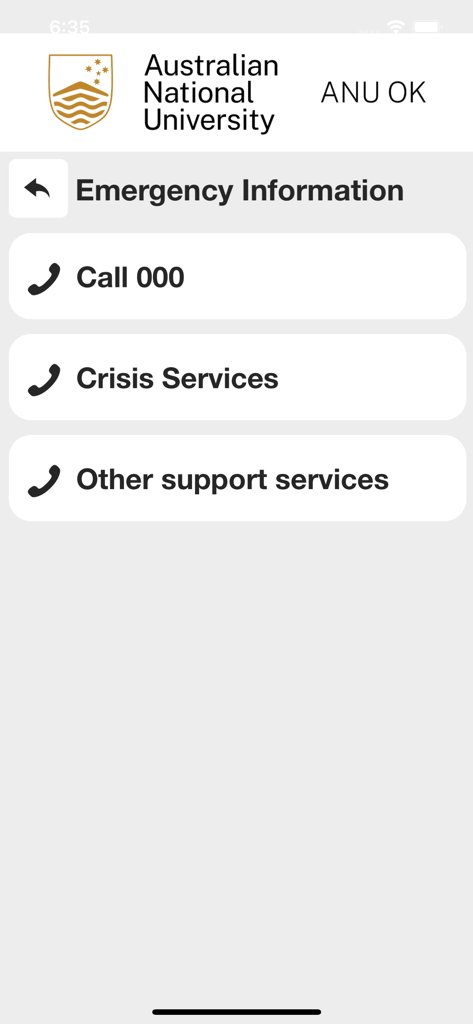 Emergency information screen in the ANUOK app with options to call emergency services