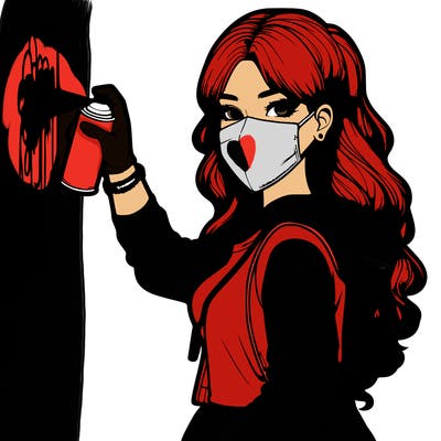 realistic girl with mask spray painting a wall