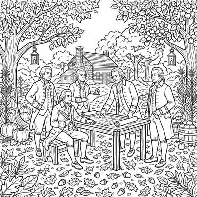 Step into a historical autumn scene with this unique coloring page featuring Founding Figures amidst a bountiful harvest. Celebrate history and the beauty of fall as you bring this engaging illustration to life.