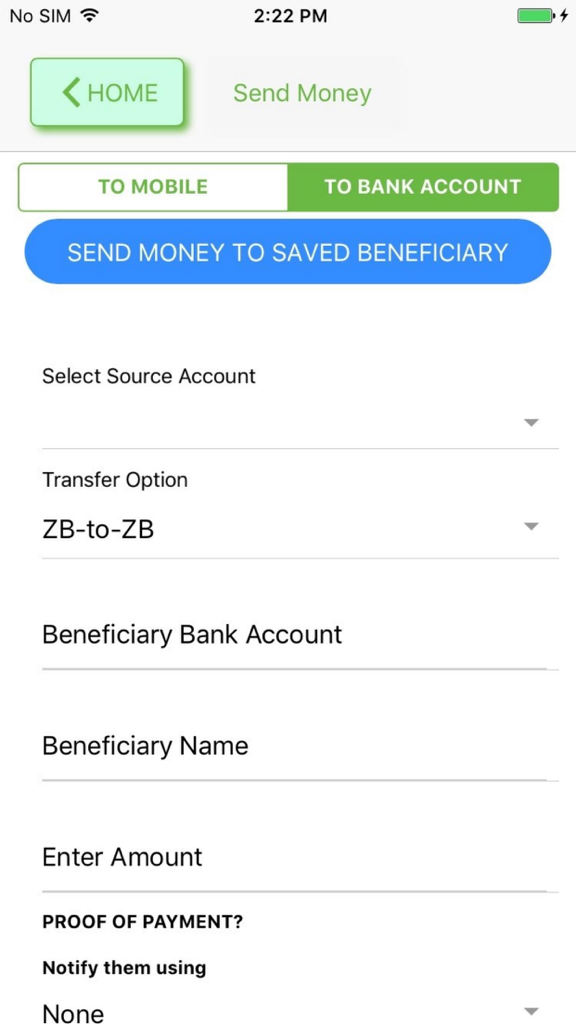 ZB eWallet - ZB eWallet interface for sending money to a bank account with fields for beneficiary details and amount