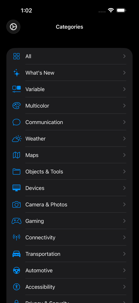 SFToolkit: SF Symbols Browser - Eine Liste von SF Symbole-Kategorien im Dark Mode mit beschreibenden Icons und Beschriftungen
