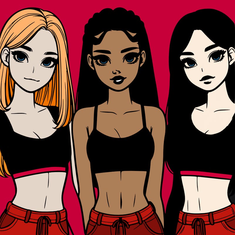 three teenage (two black one white) girls with crop tops realistic and pretty
