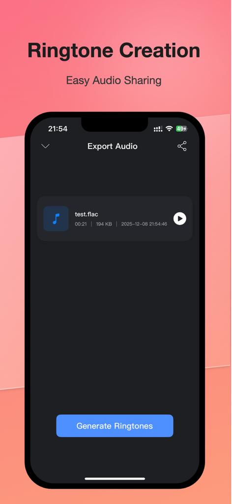 Audio Extractor &MP3 Converter - Interface of the Audio Extractor app showing the ringtone creation and audio export screen.
