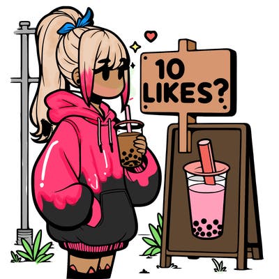 girl with oversized hoodie drinking boba and she has a high ponytail with a sign that says 10likes?