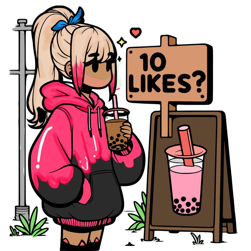 girl with oversized hoodie drinking boba and she has a high ponytail with a sign that says 10likes?