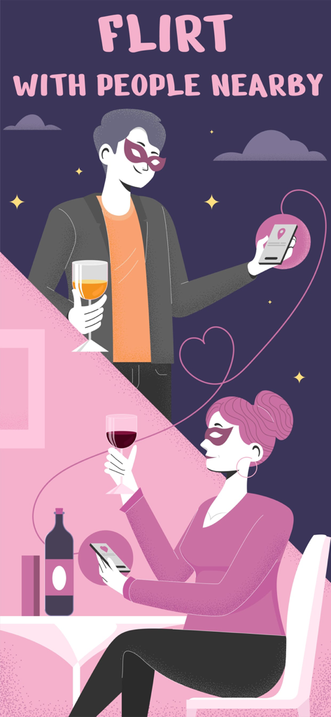 Slyde: Meet, Match & Move on - Uma ilustração de um homem e uma mulher usando máscaras enquanto flertam no aplicativo Slyde.