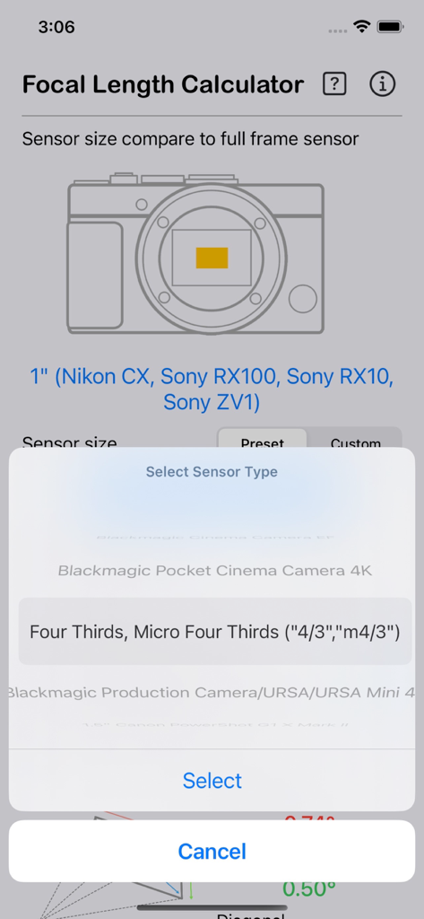 マイクロフォーサーズのようなさまざまなカメラセンサーサイズの選択メニューを表示する焦点距離計算機アプリのインターフェイス