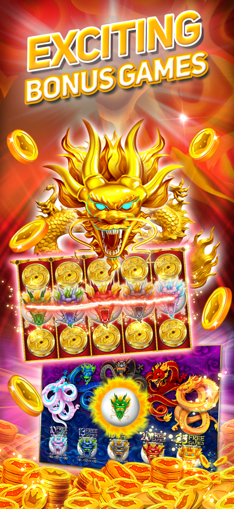 Golden dragon themed slot machine bonus game with falling coins