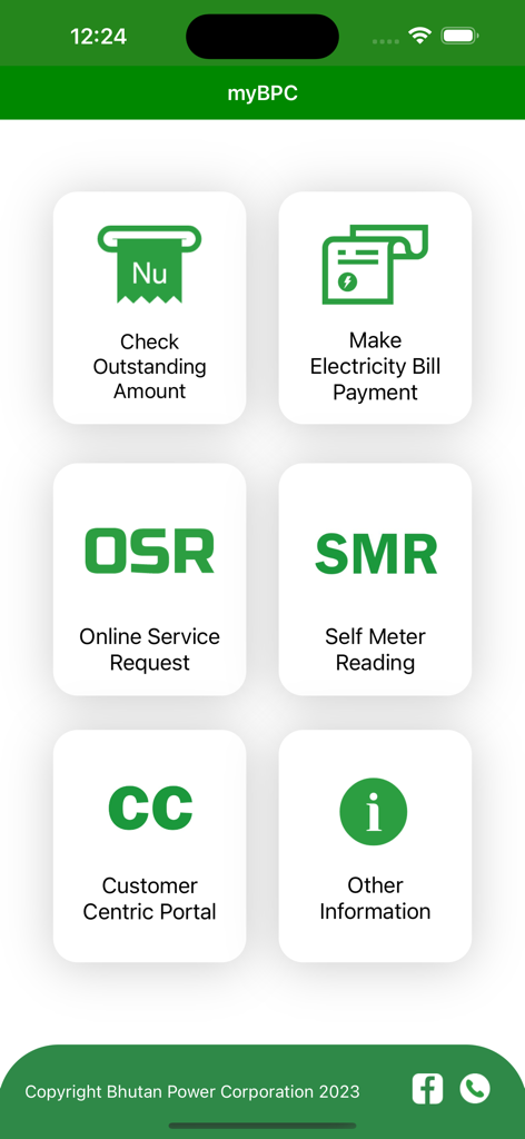 myBPC - The main dashboard of the myBPC mobile app showing utility services including electricity bill payment and self meter reading