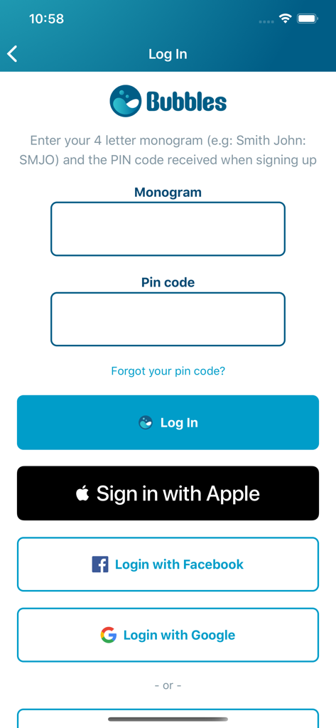 Bubbles Mosoda - Anmeldeoberfläche für die Bubbles Mosoda Wäsche-App mit Feldern für Monogramm und PIN-Code sowie Optionen zur sozialen Anmeldung für Apple, Facebook und Google.
