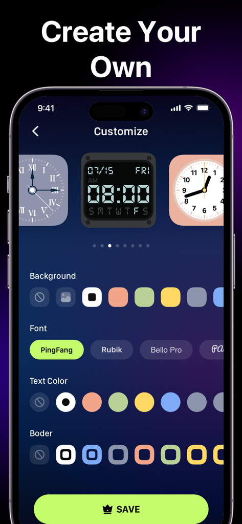 Lock Screen Widgets 16-Widget - Mobile app interface for customizing clock widgets with various fonts colors and styles