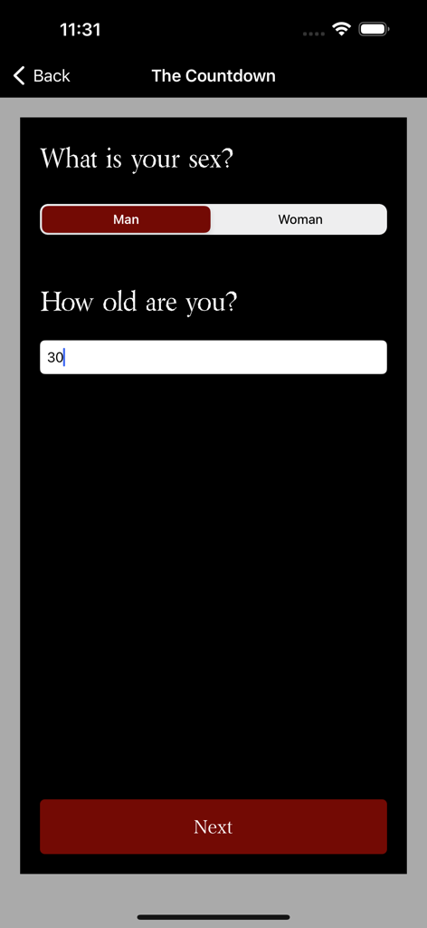 The Countdown - Your Fate - Questionnaire screen in The Countdown app asking for user gender and age
