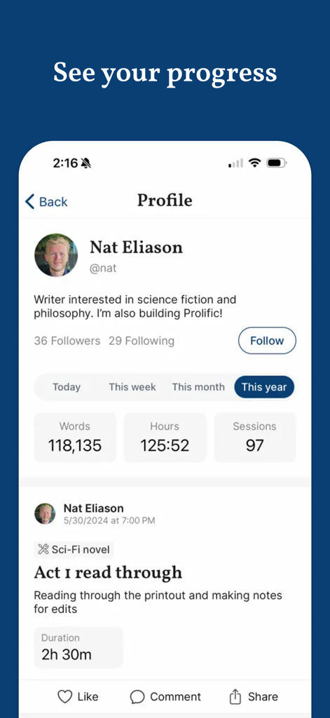 Prolific: Track Your Writing - 執筆統計とセッション履歴を表示するProlificアプリのプロフィール画面
