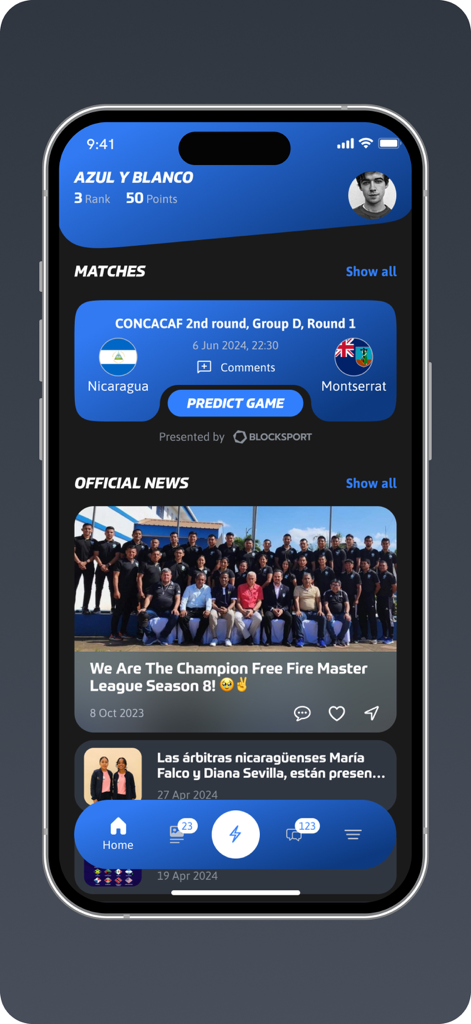 Azul y Blanco - Home screen of the Azul y Blanco app showing match details for Nicaragua vs Montserrat and official team news.