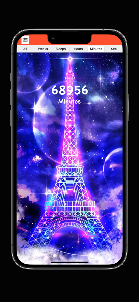 Valentine's Day Love Countdown - Valentine's Day countdown app featuring a neon Eiffel Tower and galaxy background displaying remaining minutes
