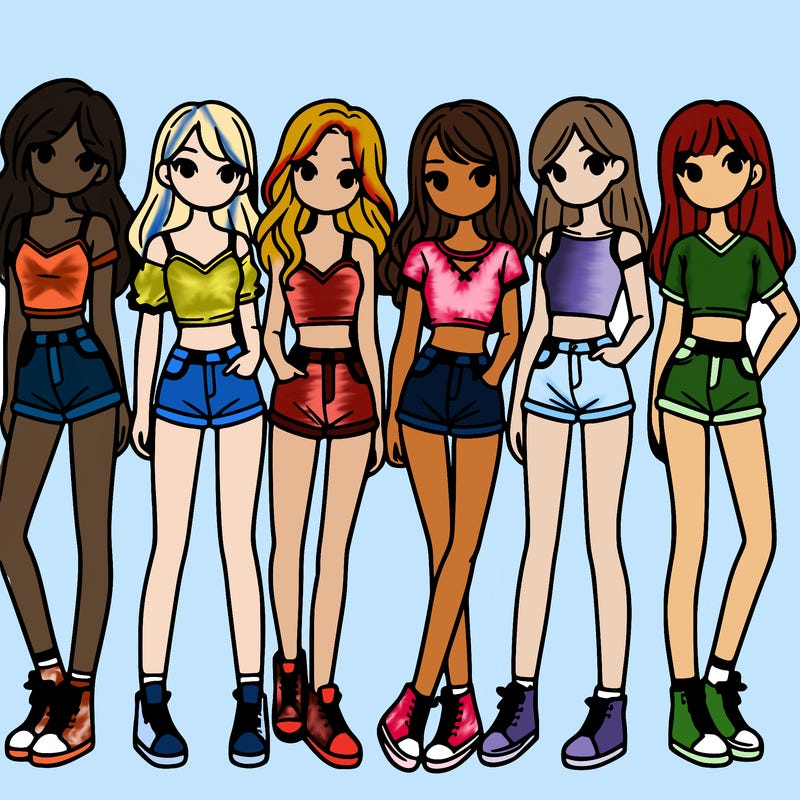 a group of girls wearing crop tops and shorts