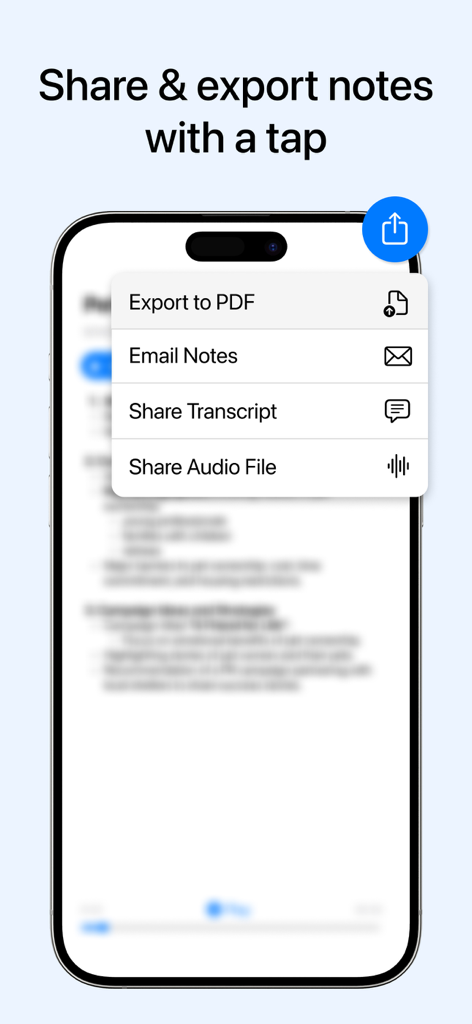 Minutes: AI Meeting Note Taker - A smartphone screen displaying the share and export options for AI meeting notes, including PDF export and email sharing.