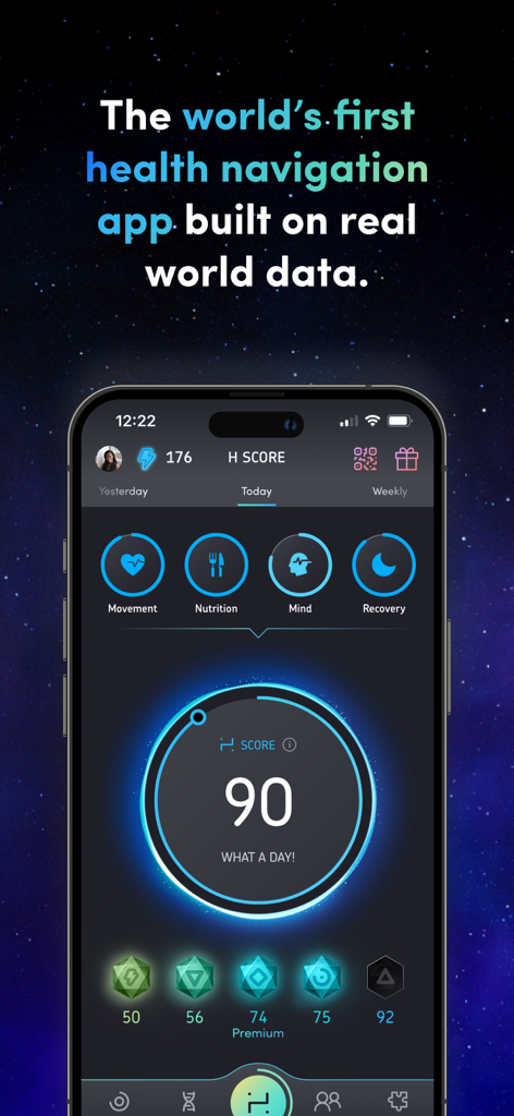 Interface of the Humanity AI Health Coach app showing a daily H Score of 90 and metrics for movement, nutrition, mind, and recovery