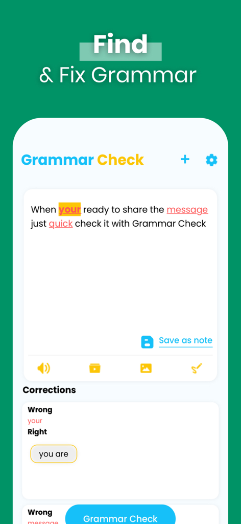 Grammar: Sentence Diagrammer - Mobile app interface showing grammar and spelling correction suggestions for a written sentence
