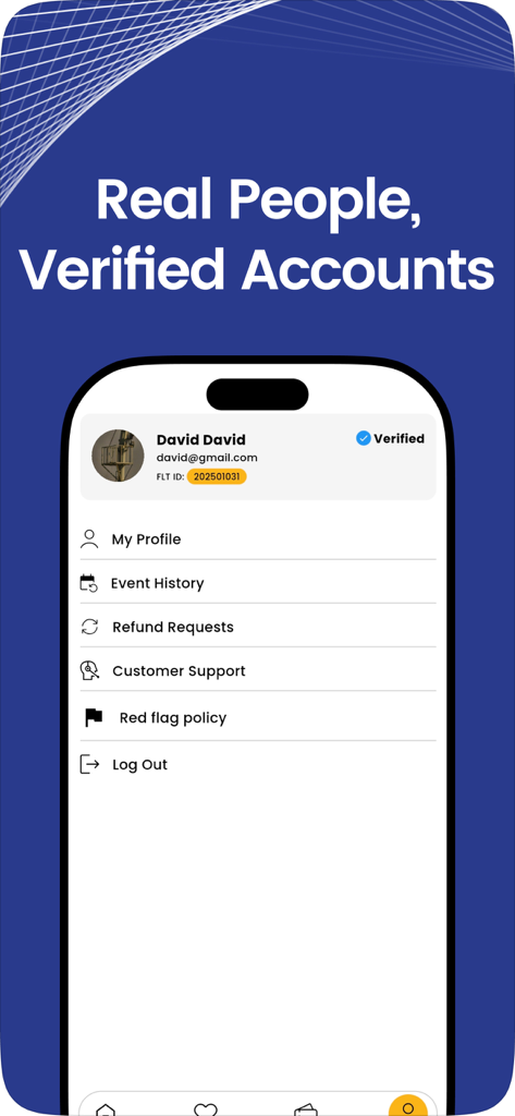Smartphone screen displaying a verified user profile and account settings in the Frontline Ticketing app