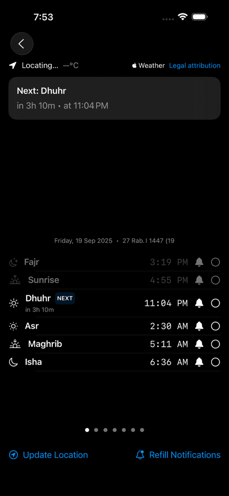 Mobile app screen displaying Islamic prayer times for Fajr Sunrise Dhuhr Asr Maghrib and Isha with a countdown to the next prayer