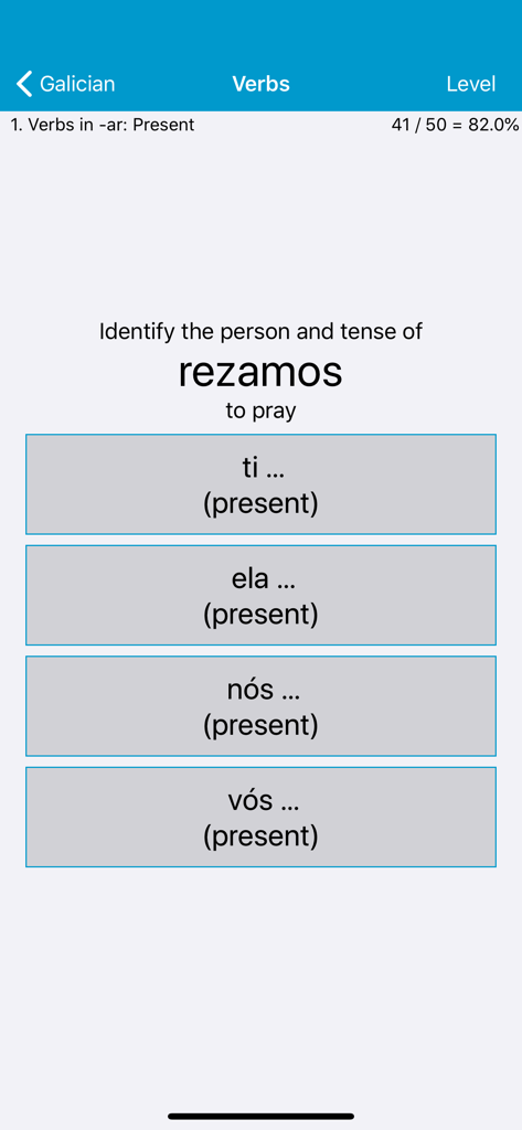 LP Galician - A multiple choice quiz interface for practicing Galician verb conjugation
